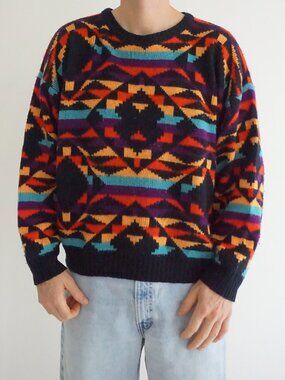 Vintage Robert Bruce Black Multicolor Geometric Southwestern Jacquard Sweater L